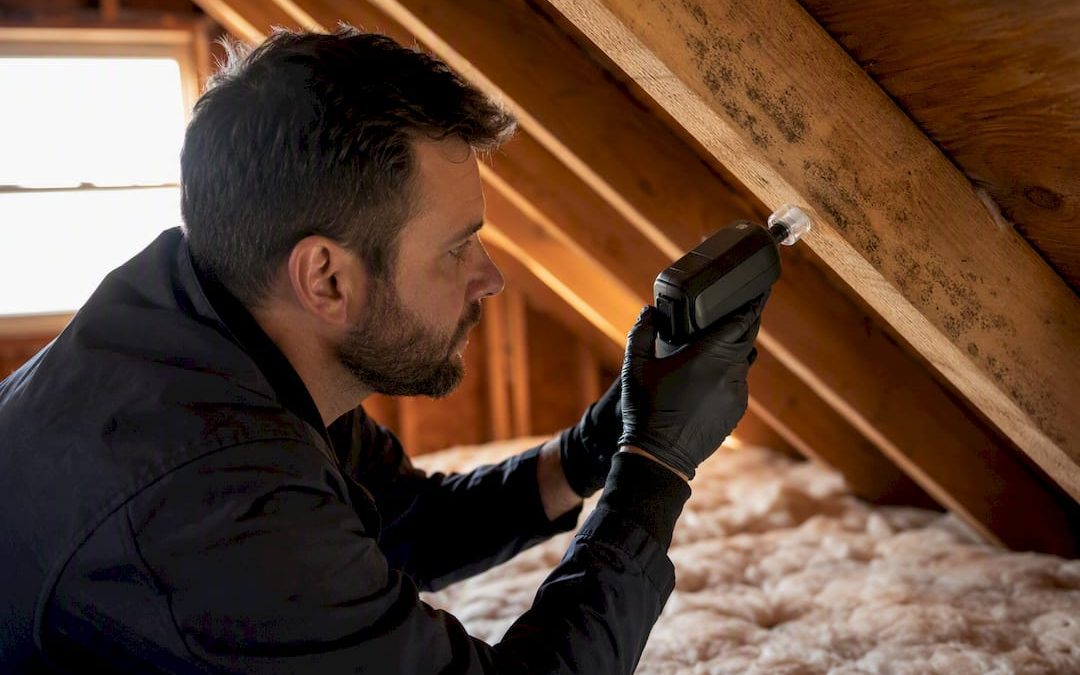 Inspector using mold testing device in attic