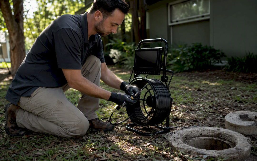 Technician preparing sewer camera equipment outdoors