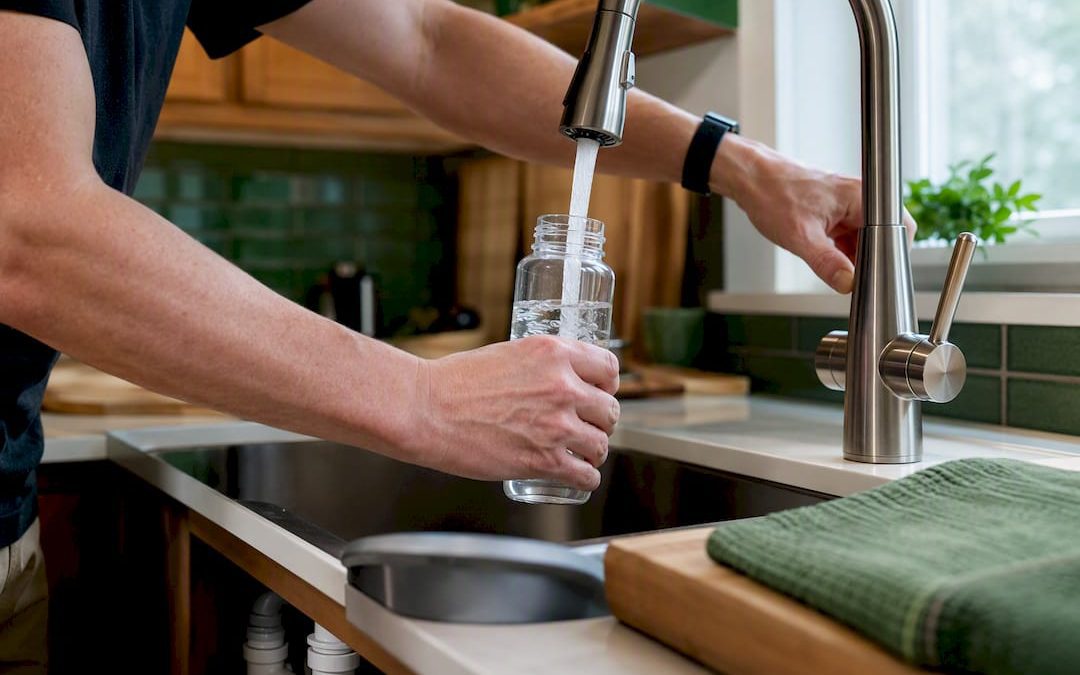 Hands collecting first draw tap water sample