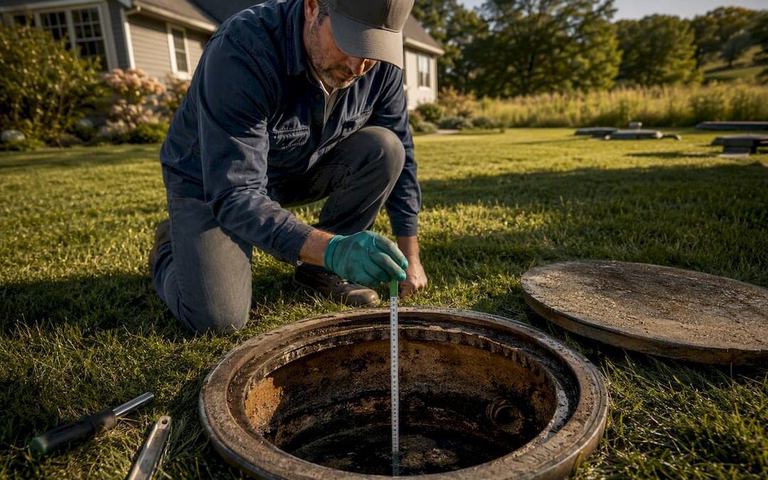 Inspector measuring an open septic tank