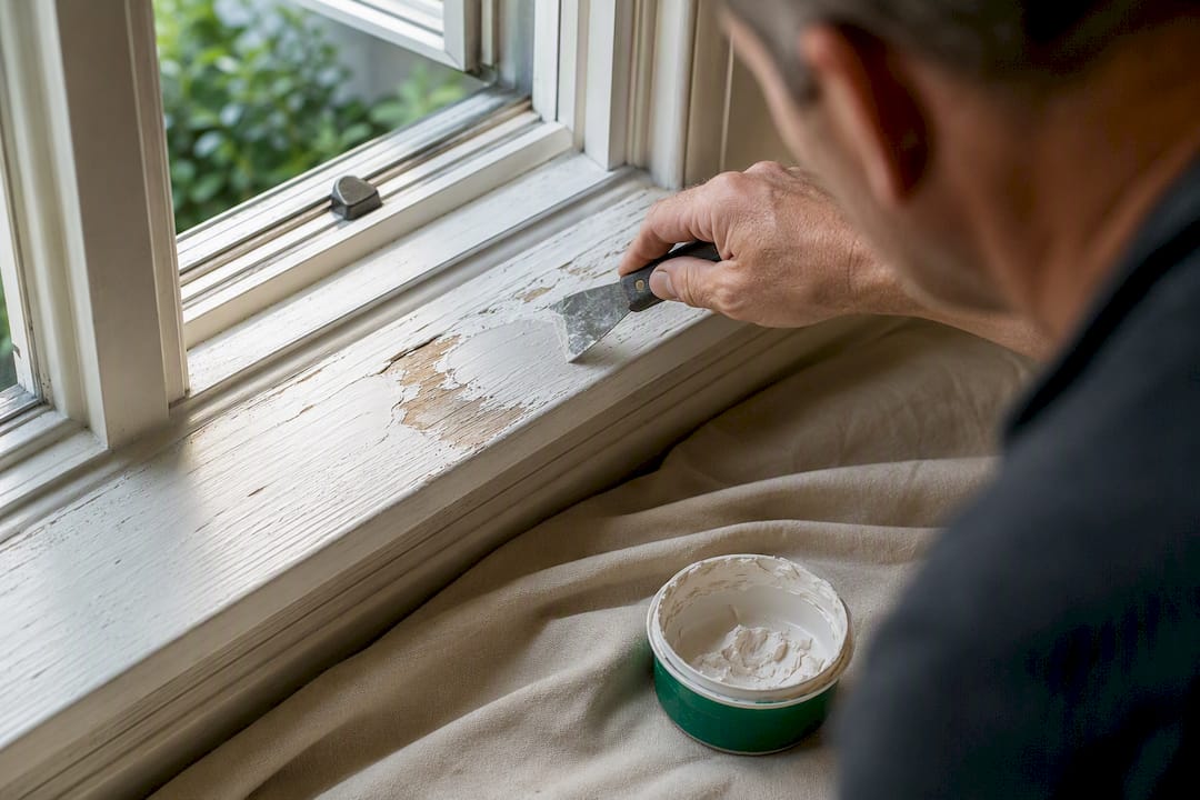 Contractor repairing peeling window sill paint