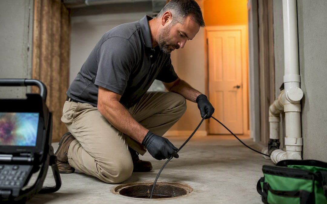 Inspector performing residential sewer camera inspection