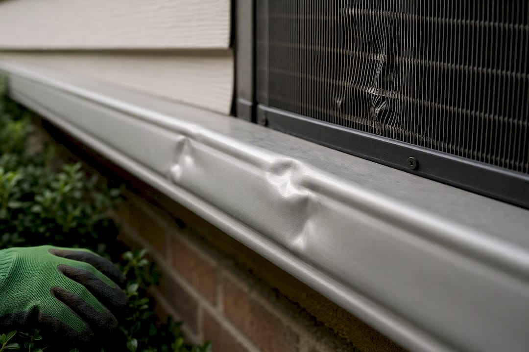 Hail dents on gutter and condenser fins