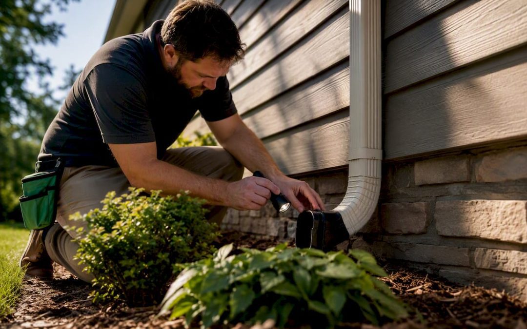 Inspector checking home drainage and foundation