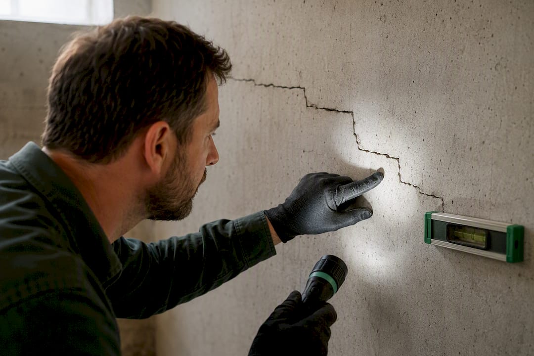 Inspector examining foundation settlement crack