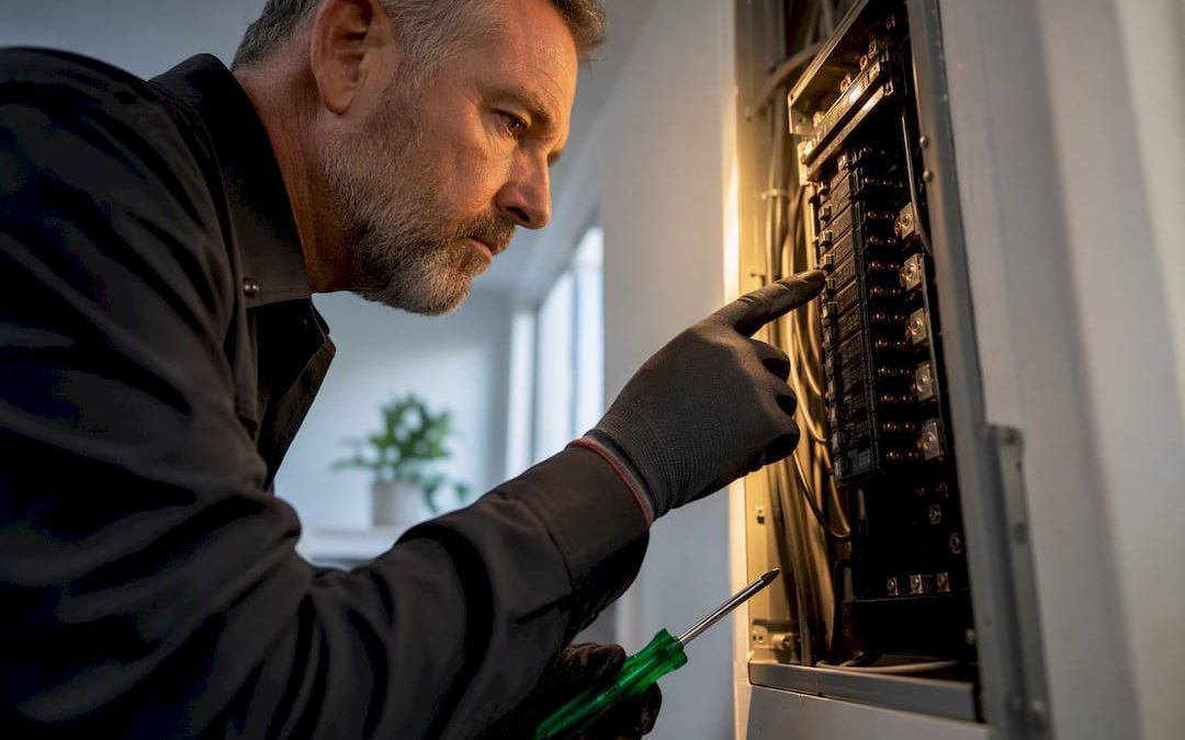 Inspector examining electrical panel interior
