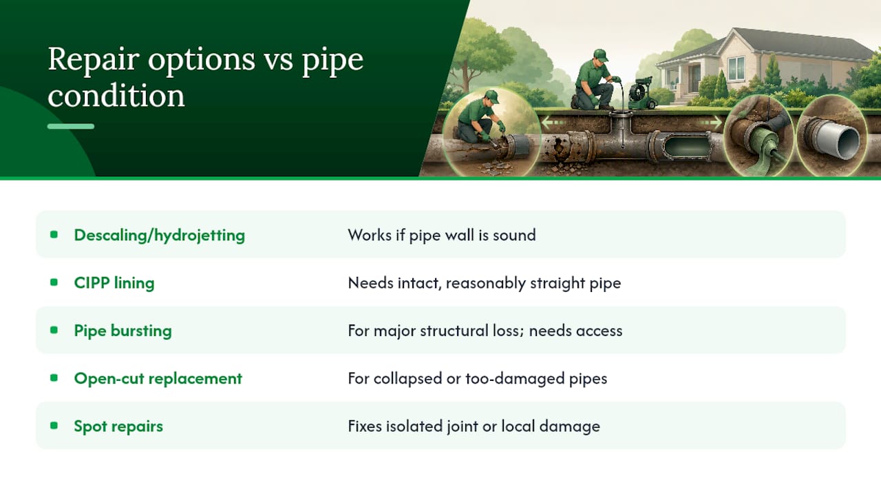 Cast iron pipe repair options by damage