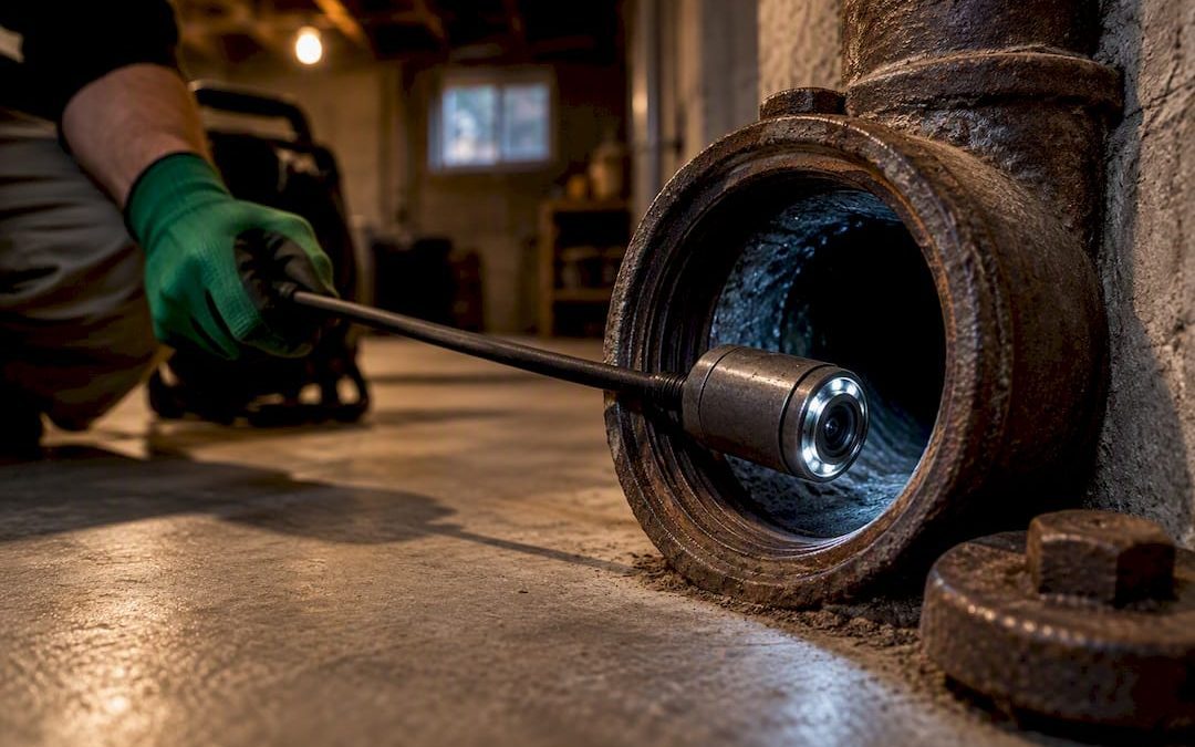 Camera entering cast iron drain pipe