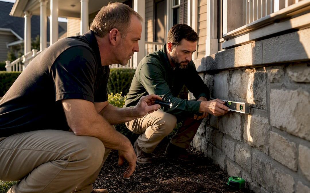 Professionals examining a home foundation