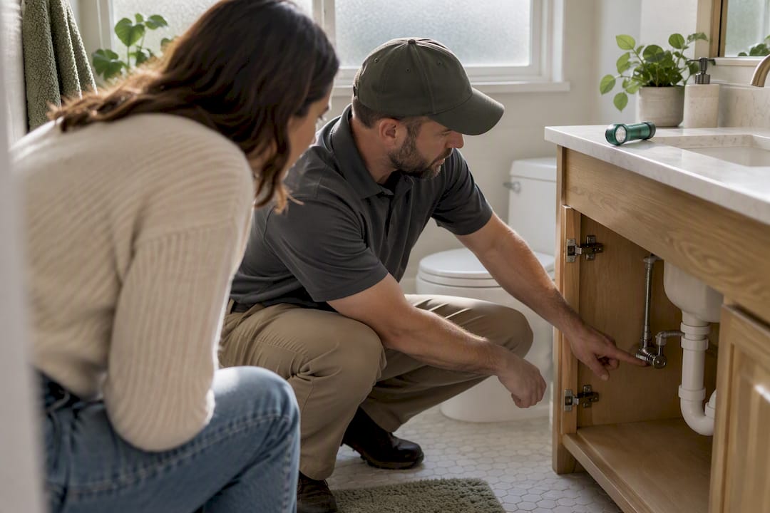 Buyer watches inspector examine bathroom plumbing