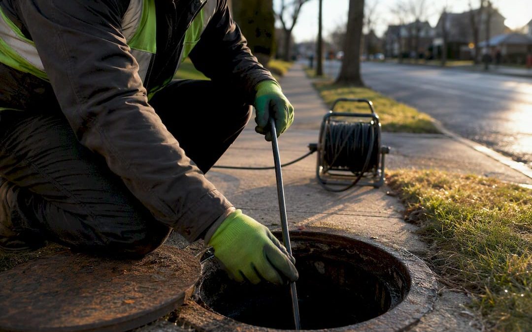 Technician guiding camera into sewer lateral