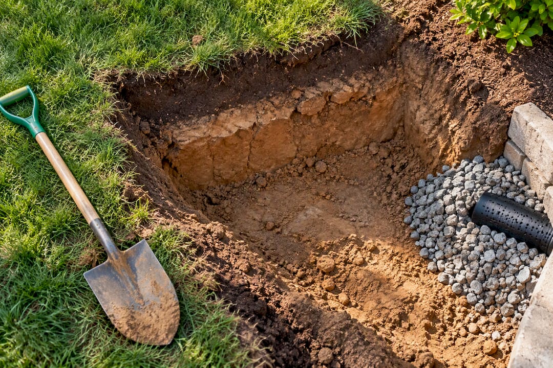 Freshly graded soil beside drainage excavation