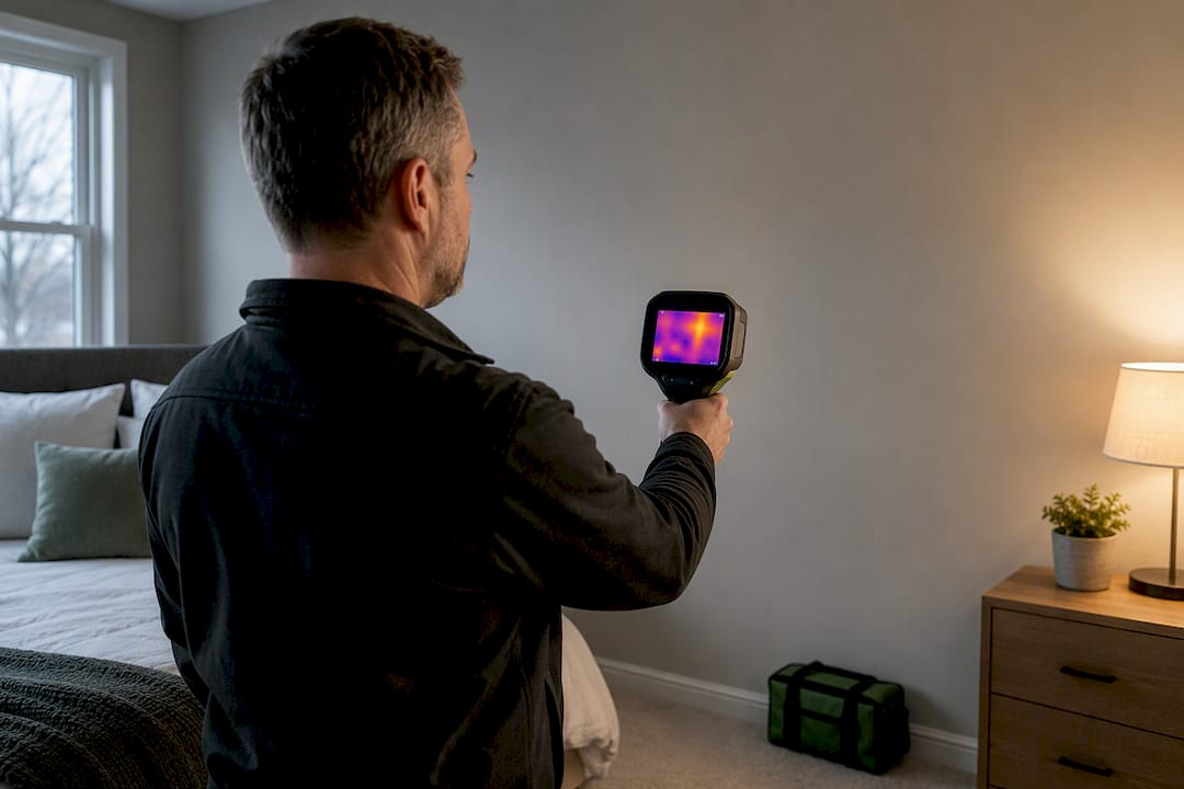Inspector using infrared camera on wall