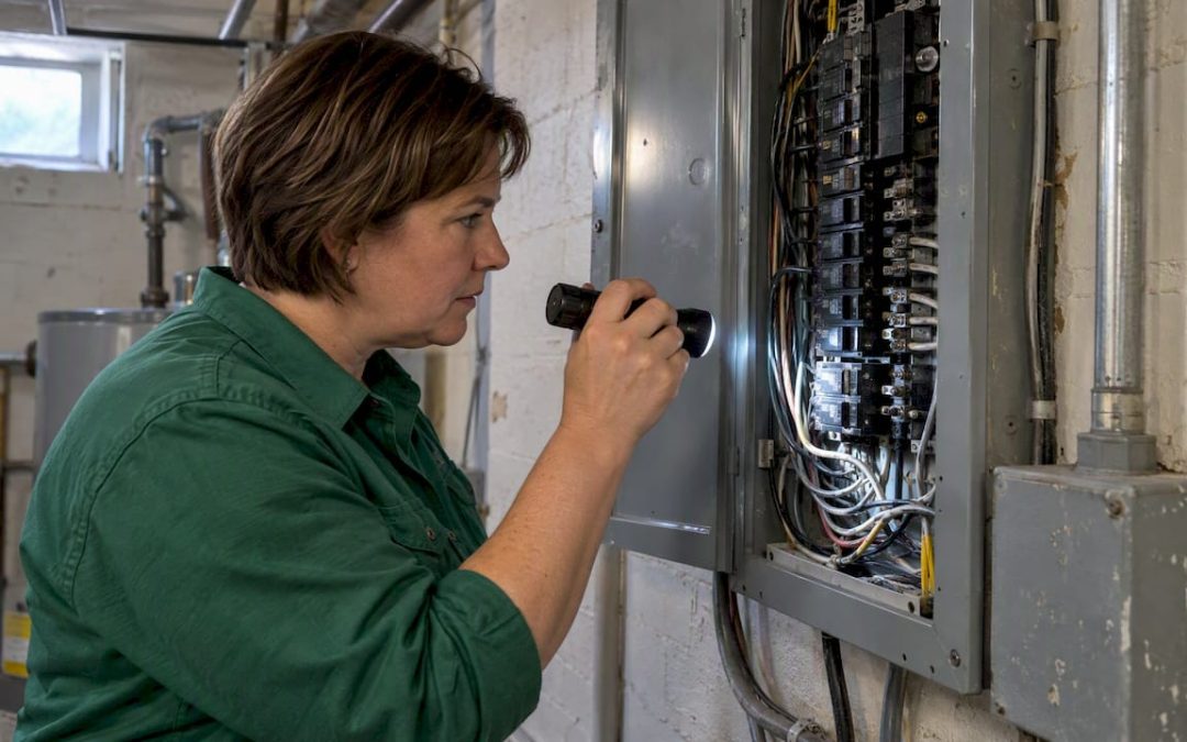 Inspector examining aluminum wiring in electrical panel