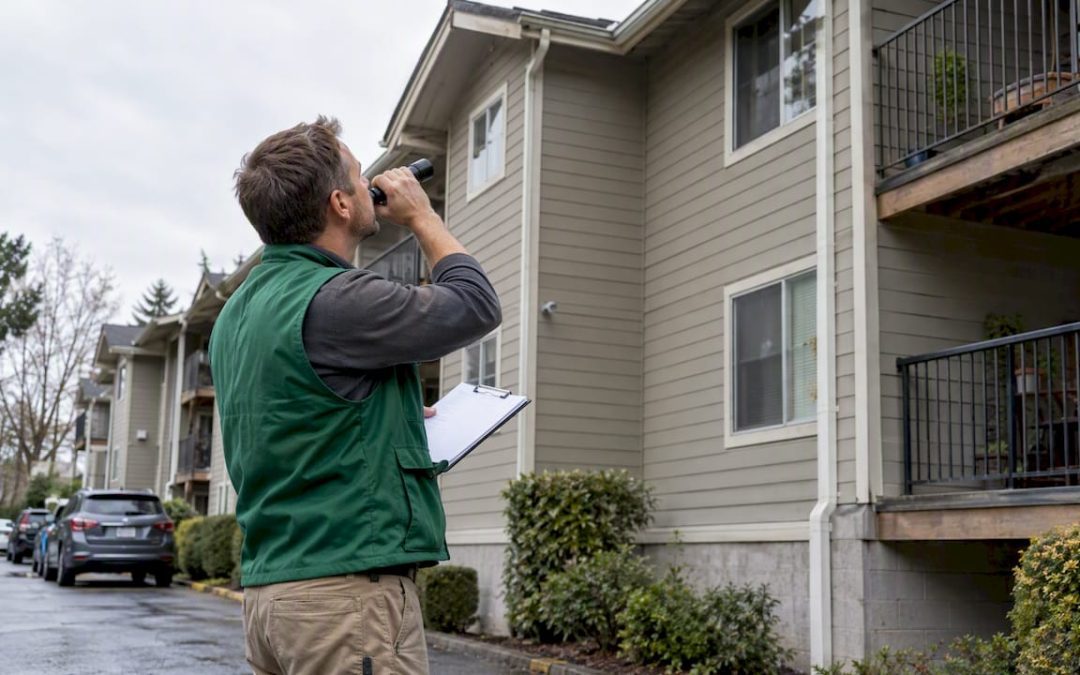 Inspector examining multifamily building exterior