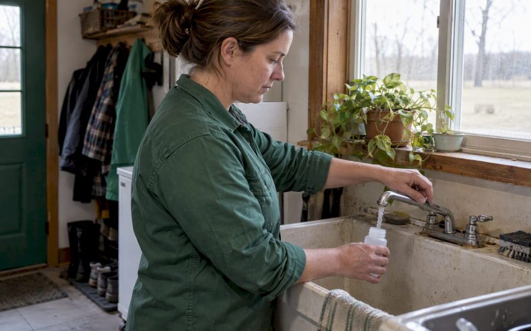 Water sampler filling a well-water sample bottle