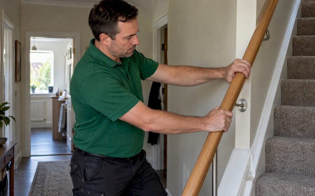 Inspector checking a repaired stair handrail