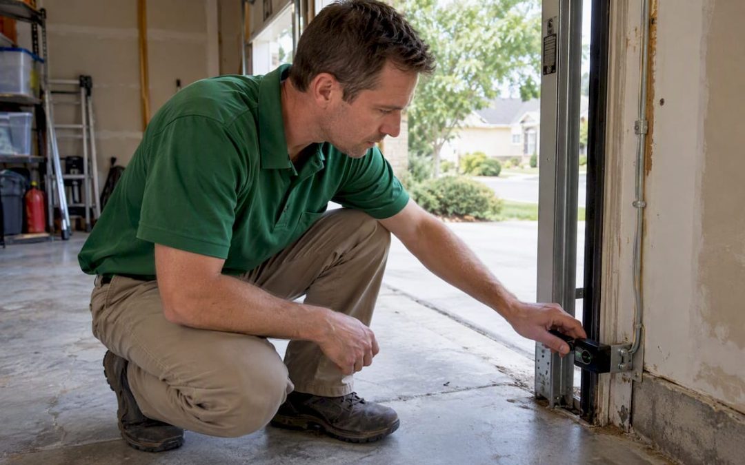 Inspector checking garage door safety sensors