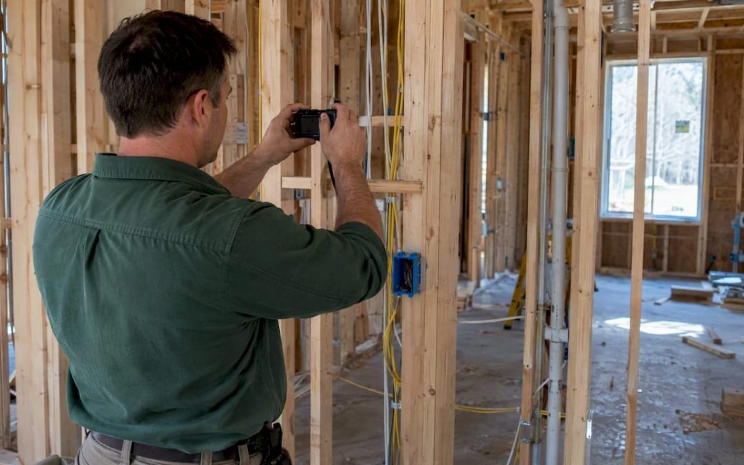 Inspector photographing exposed new-home framing