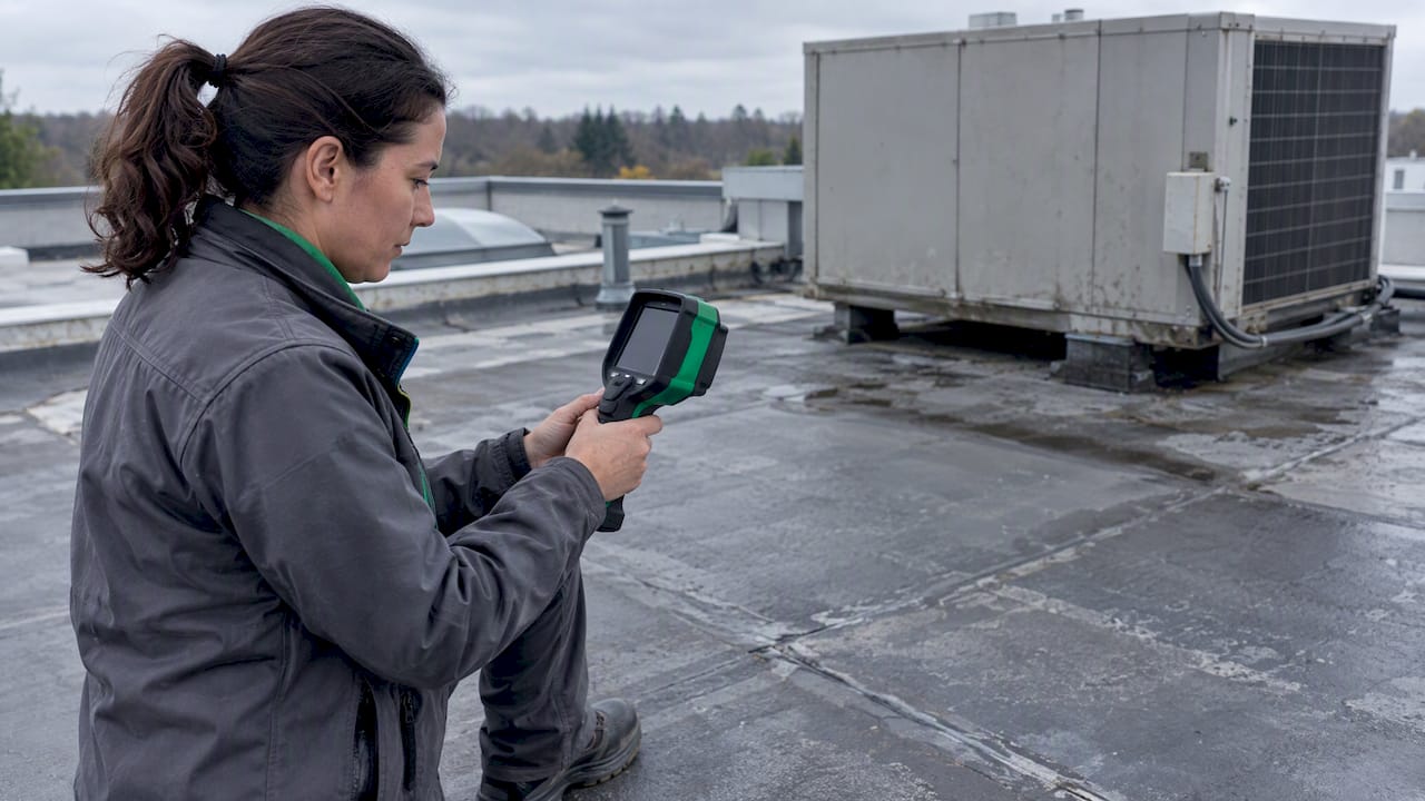 Inspector scanning commercial roof for trapped moisture