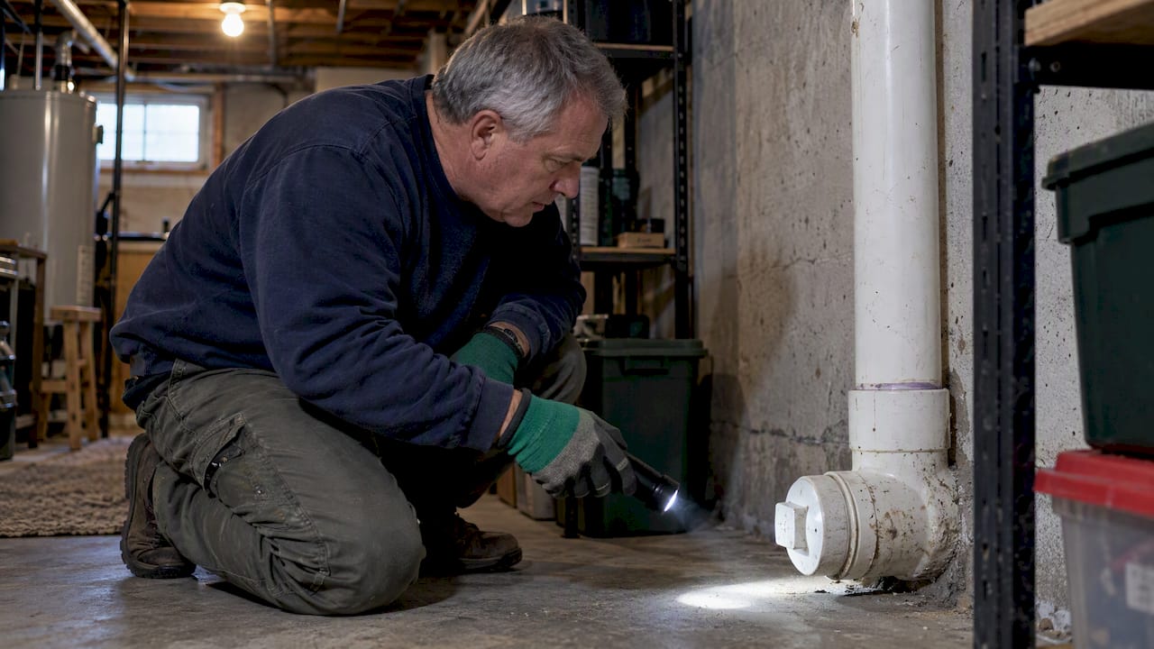 Gloved hand illuminates basement sewer fitting