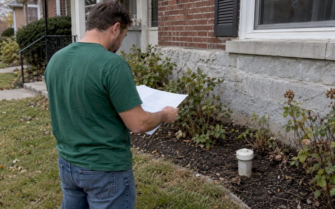 Homeowner checks sewer cleanout beside yard