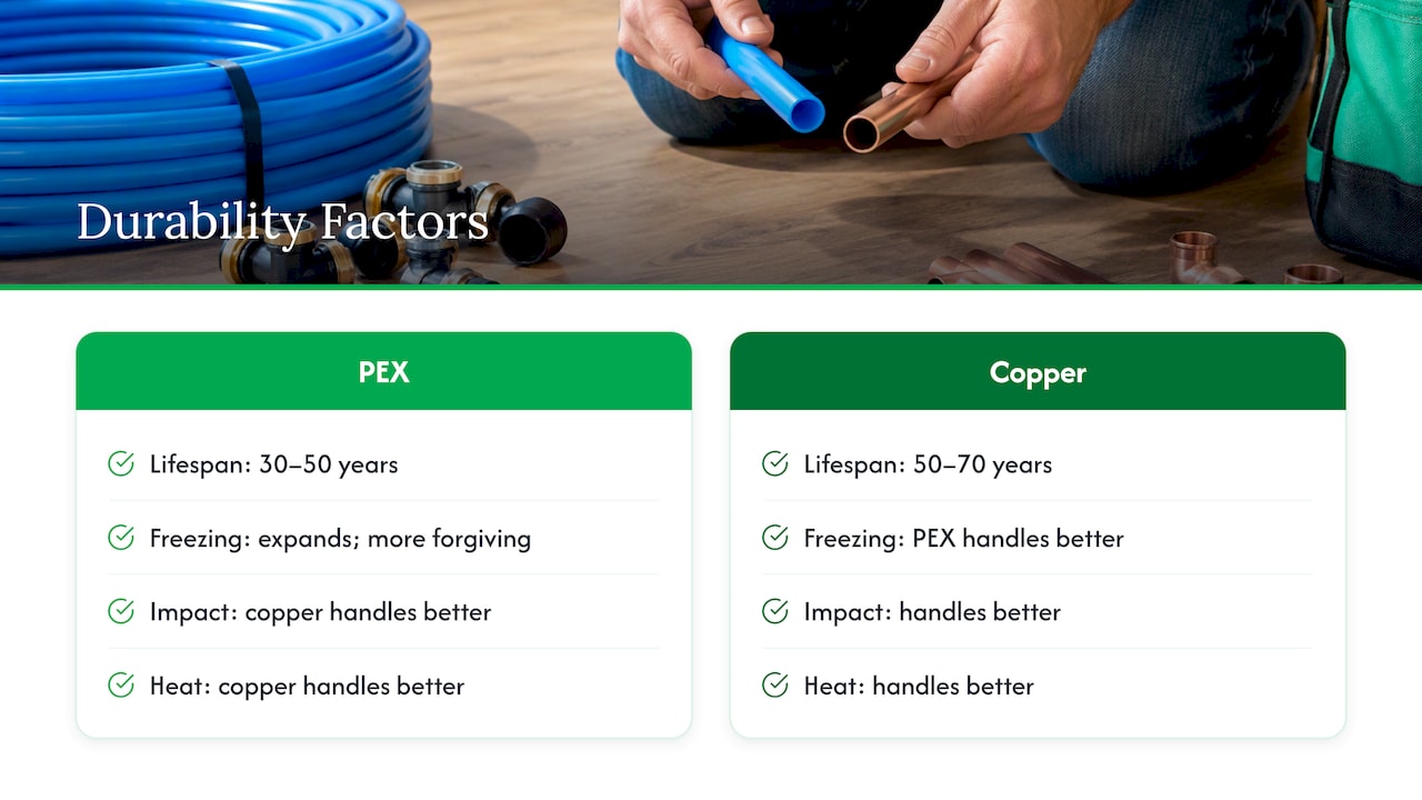 Durability factors compared for PEX and copper